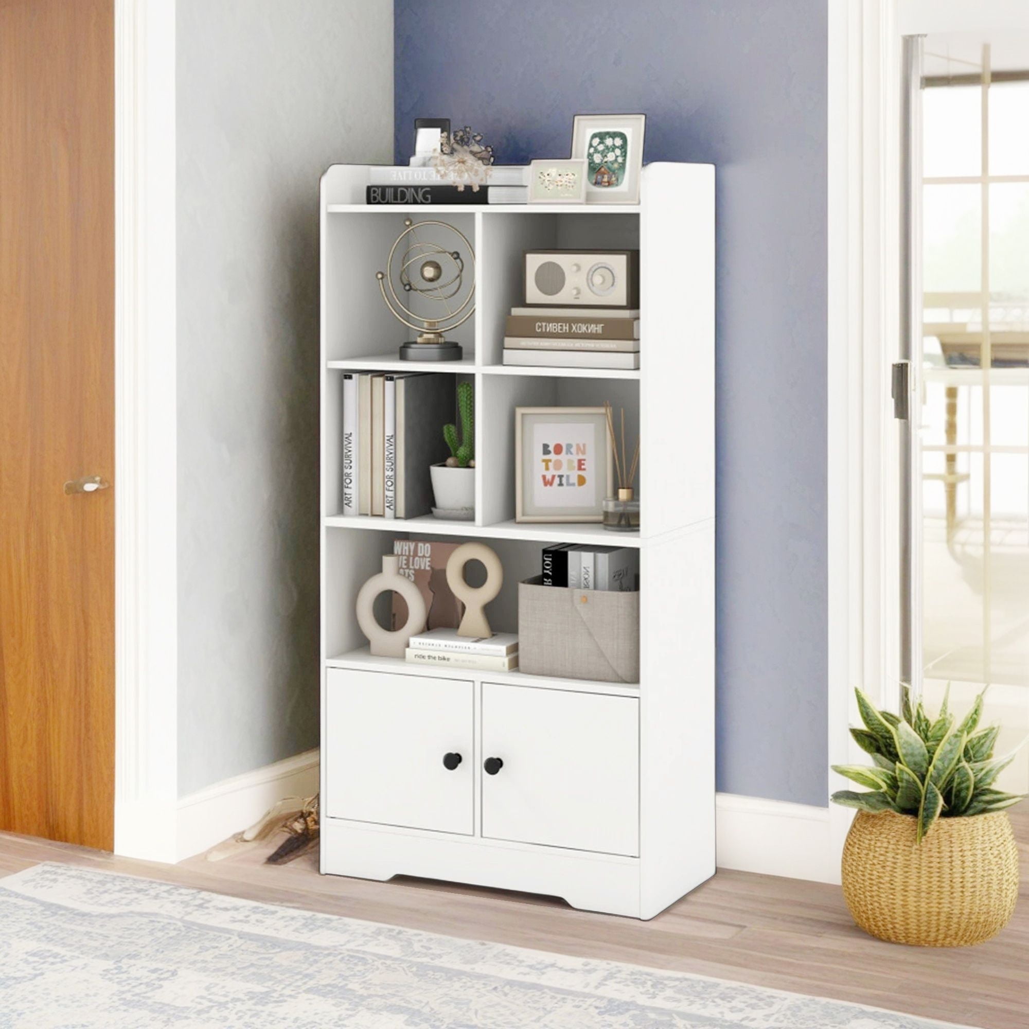 Demi Bonn 4 Tiers Wood Storage Bookcase with 4 Cubes Display Shelf and 2 Doors, White