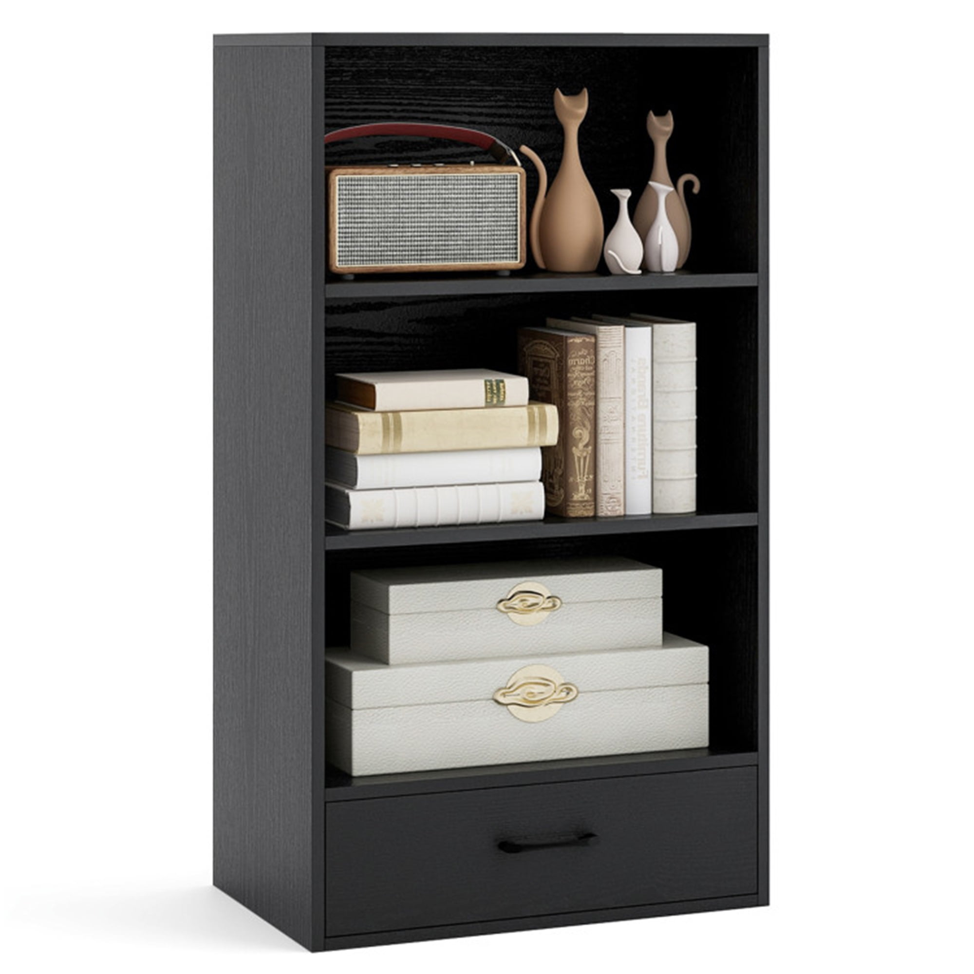 Finihen 4 Tiers Wood Storage Bookcase with Open Shelves Drawer and Drawer, Black Finihen 4 Tiers Wood Storage Bookcase with Open Shelves Drawer and Drawer, Black