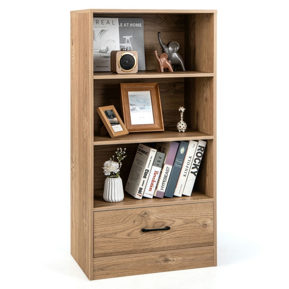 Finihen 4 Tiers Wood Storage Bookcase with Open Shelves Drawer and Drawer, Brown Finihen 4 Tiers Wood Storage Bookcase with Open Shelves Drawer and Drawer, Brown