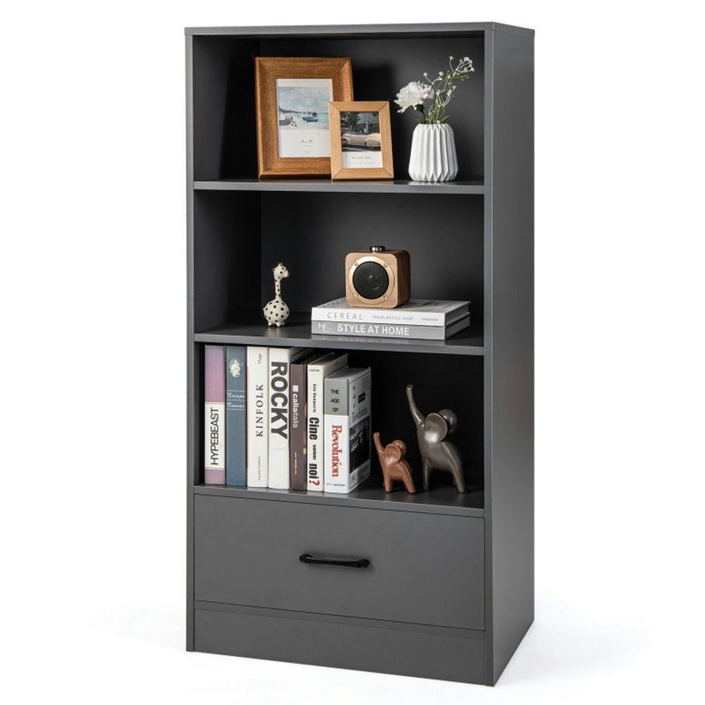 Finihen 4 Tiers Wood Storage Bookcase with Open Shelves Drawer and Drawer, Gray Finihen 4 Tiers Wood Storage Bookcase with Open Shelves Drawer and Drawer, Gray