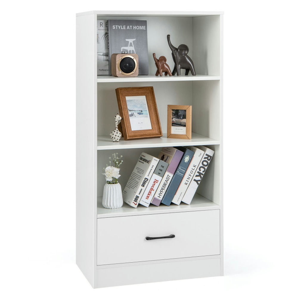 Finihen 4 Tiers Wood Storage Bookcase with Open Shelves Drawer and Drawer, White Finihen 4 Tiers Wood Storage Bookcase with Open Shelves Drawer and Drawer, White