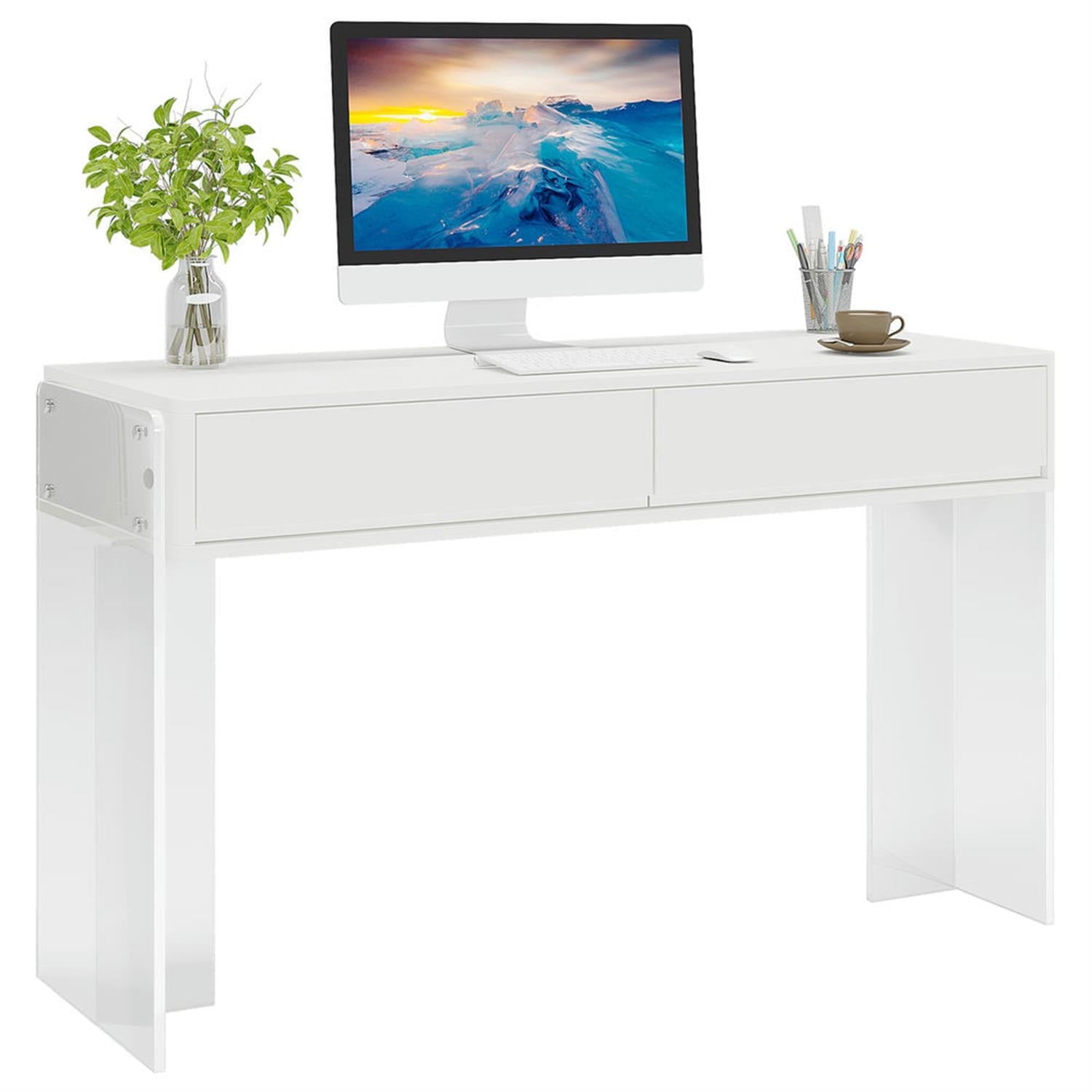 Demi Bonn 40" Computer Desk with 2 Storage Drawers and Acrylic Legs, Modern Study Writing Gaming Table for Home Office, Makeup Vanity Desk, White