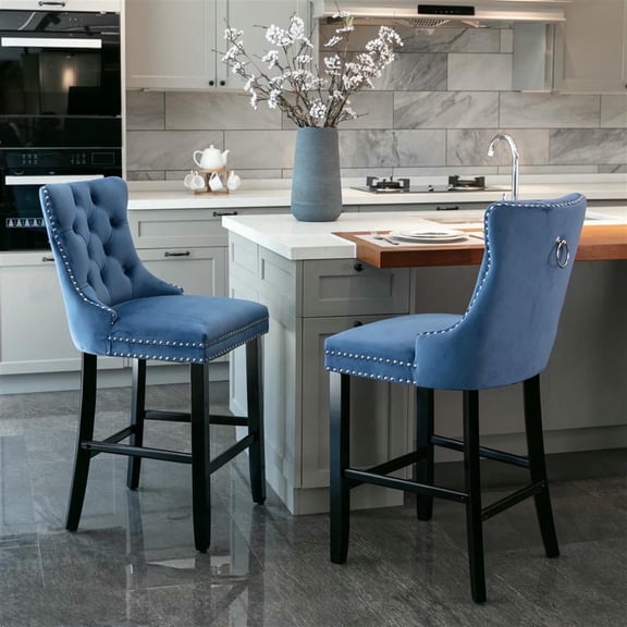 Demi Bonn 40" Counter Height Bar Stools Set of 2, Velvet Upholstered Barstools with Back, Kitchen Island Countertop Chairs for Dining Room, Blue