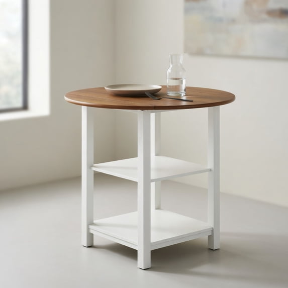 Demi Bonn 40" Modern Dining Table with 2 Shelves, Kitchen Table for 2-4 People, Folding Round Dinner Table for Home Office, Living Room Furniture, Brown