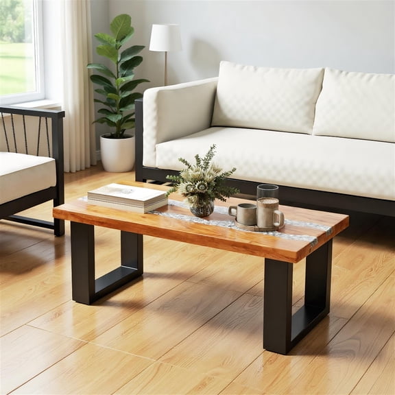 Demi Bonn 40" Teak Wood Patio Table with River Feel Epoxy Tabletop, Modern Outdoor Dining Table, Perfect for Small Space, Brown