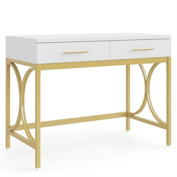 Demi Bonn 41" Computer Desk with 2 Storage Drawers and Gold Legs, Modern Study Writing Gaming Table for Home Office, Makeup Vanity Desk, White