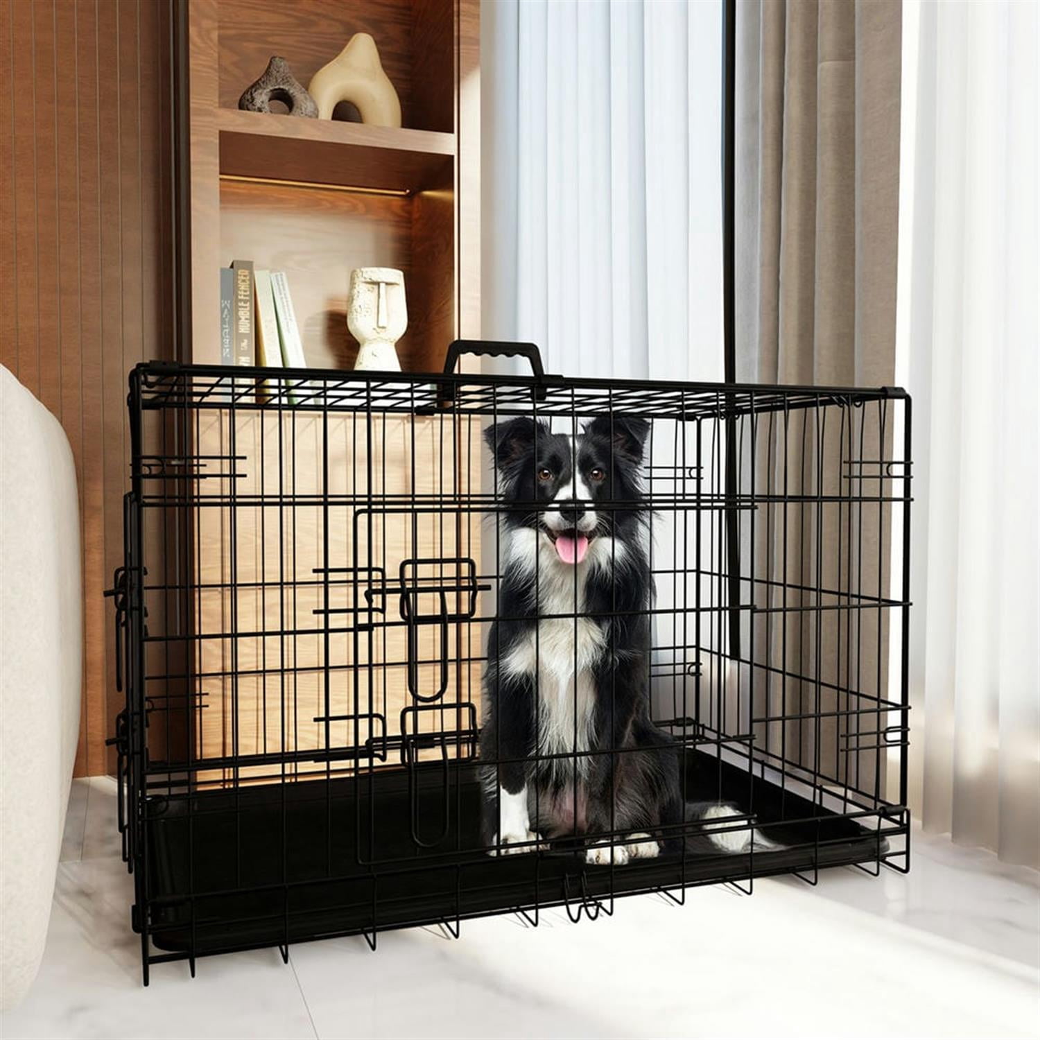Finihen 42" Large Dog Cage with Divider and Plastic Leak-Proof Pan Tray, Double Door Folding Metal Wire Dog Crate for Indoor, Outdoor, and Travel, Black
