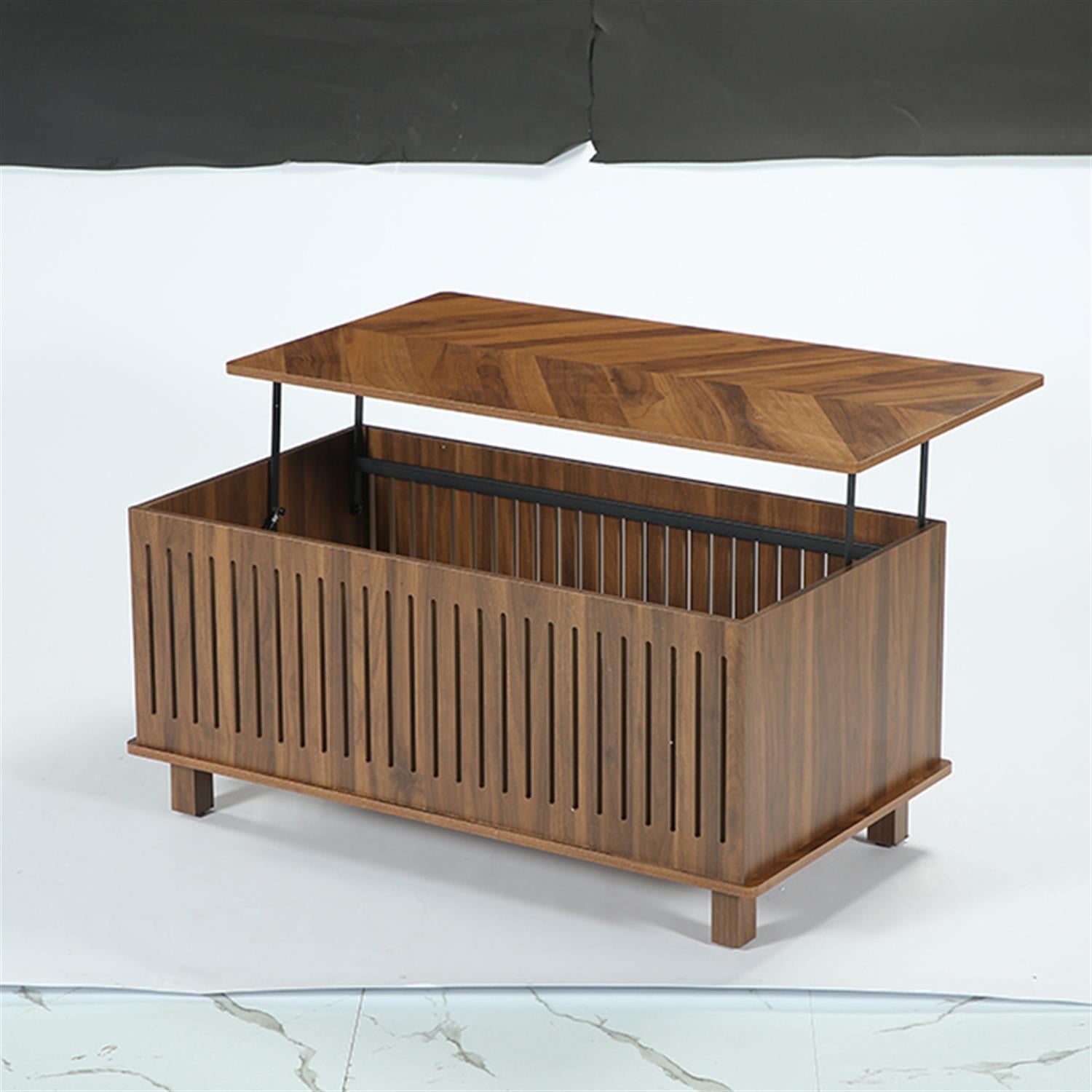 Demi Bonn 43" Coffee Table, Wood Lift Top Center Table With Large Storage & Fence Design for Home Living Room, Office, Brown