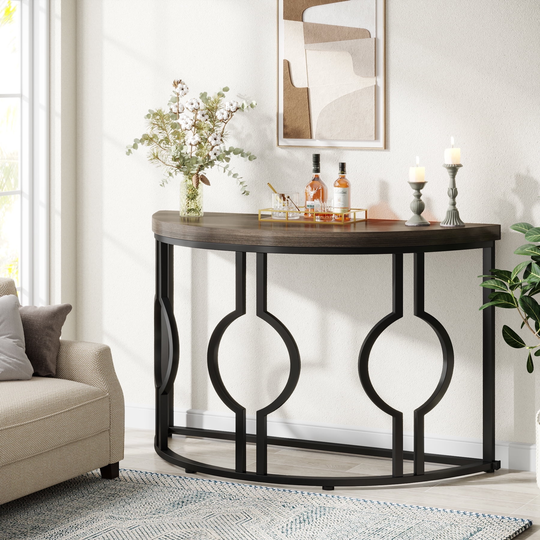 Demi Bonn 43" Industrial Console Table, Half Moon Shaped Accent Sofa Table for Hallway, Bedroom, Living Room, Brown