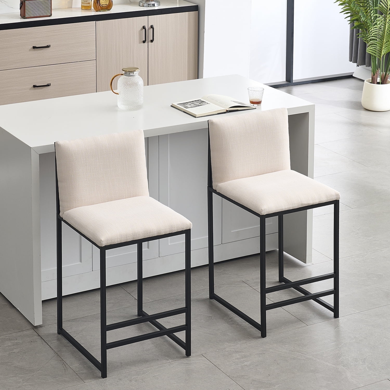 Demi Bonn 44" Counter Height Bar Stools Set of 2, Upholstered Linen Barstools with Back, Armless Kitchen Island Countertop Chairs with Metal Legs, White