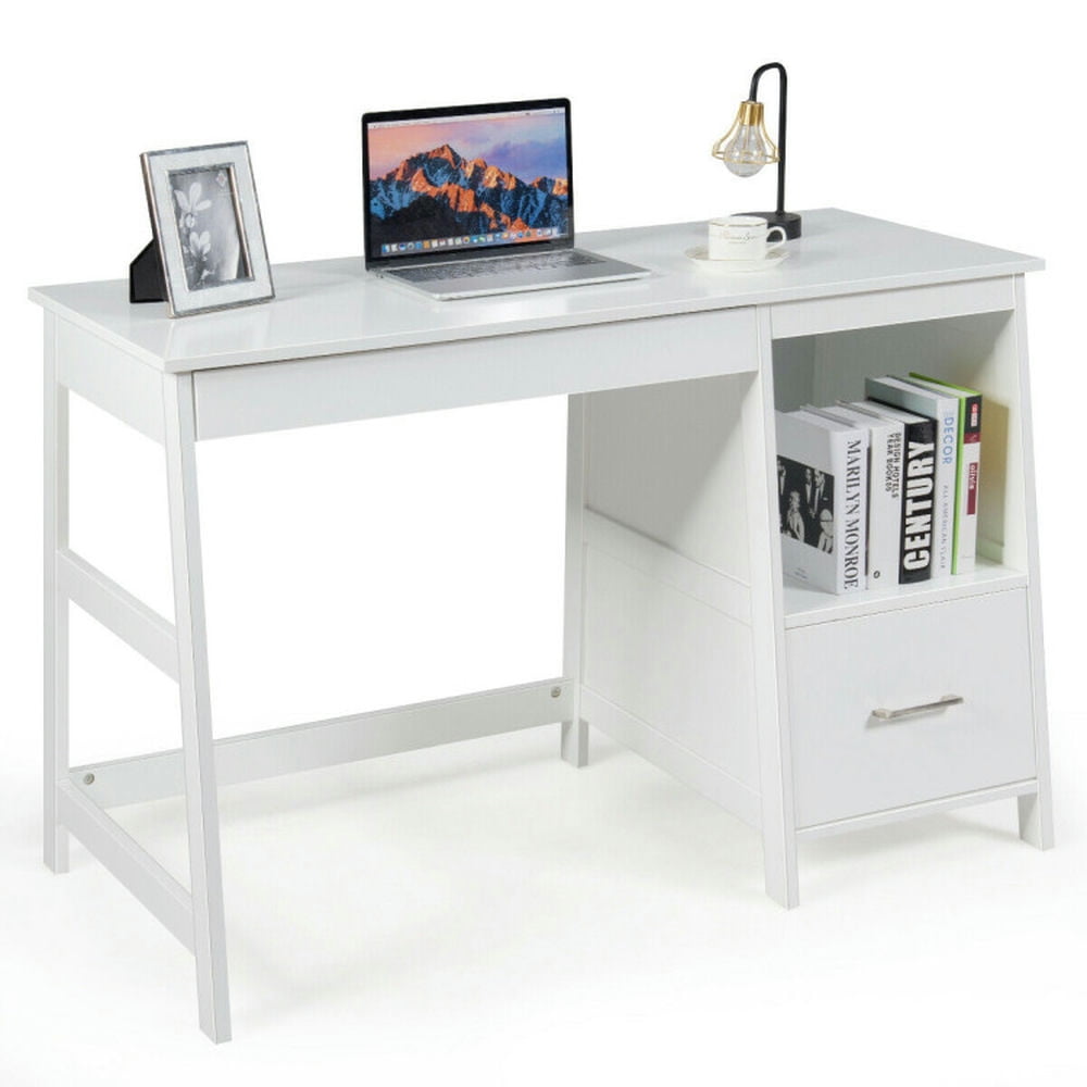 Finihen 47.5" Modern Home Computer Desk with 2 Storage Drawers, Office Desk Study Writing Table, White Finihen 47.5" Modern Home Computer Desk with 2 Storage Drawers, Office Desk Study Writing Table, White