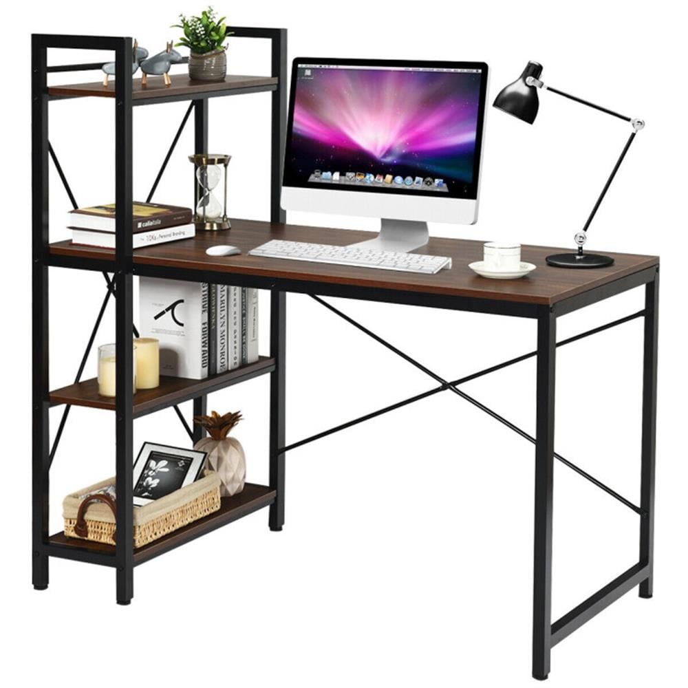 Finihen 47.5" Writing Study Table Computer Desk with 4-Tier Shelves, Small Home Office Desk, Brown Finihen 47.5" Writing Study Table Computer Desk with 4-Tier Shelves, Small Home Office Desk, Brown