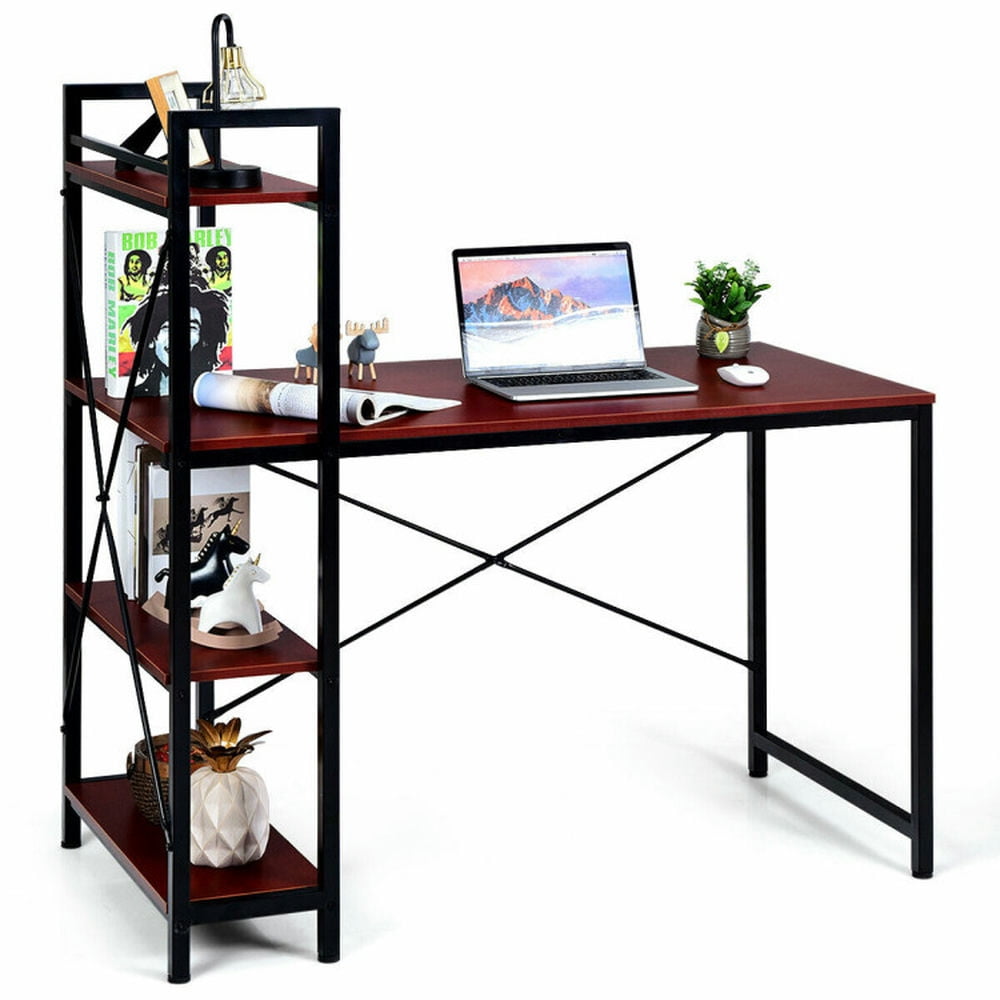 Finihen 47.5" Writing Study Table Computer Desk with 4-Tier Shelves, Small Home Office Desk, Rustic Brown Finihen 47.5" Writing Study Table Computer Desk with 4-Tier Shelves, Small Home Office Desk, Rustic Brown