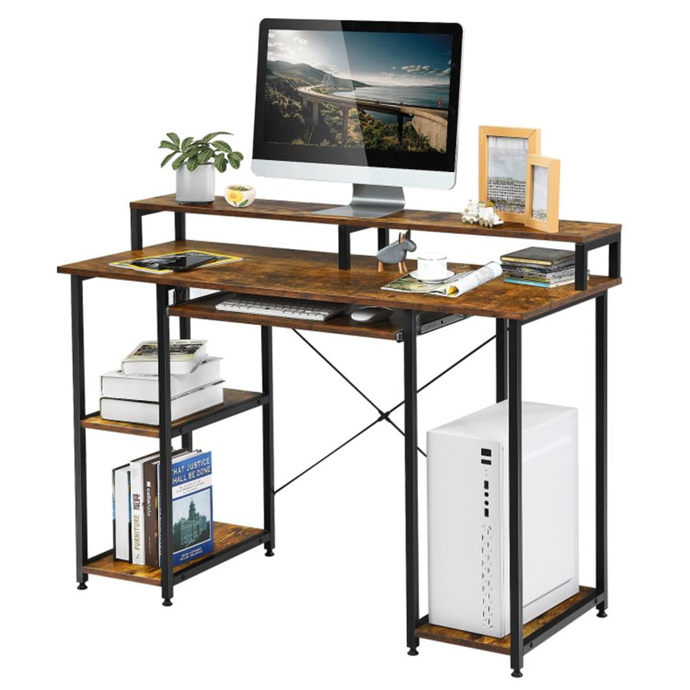 Finihen 47" Computer Desk Writing Study Table with Keyboard Tray and Monitor Stand for Home Office Workstation, Brown Finihen 47" Computer Desk Writing Study Table with Keyboard Tray and Monitor Stand for Home Office Workstation, Brown