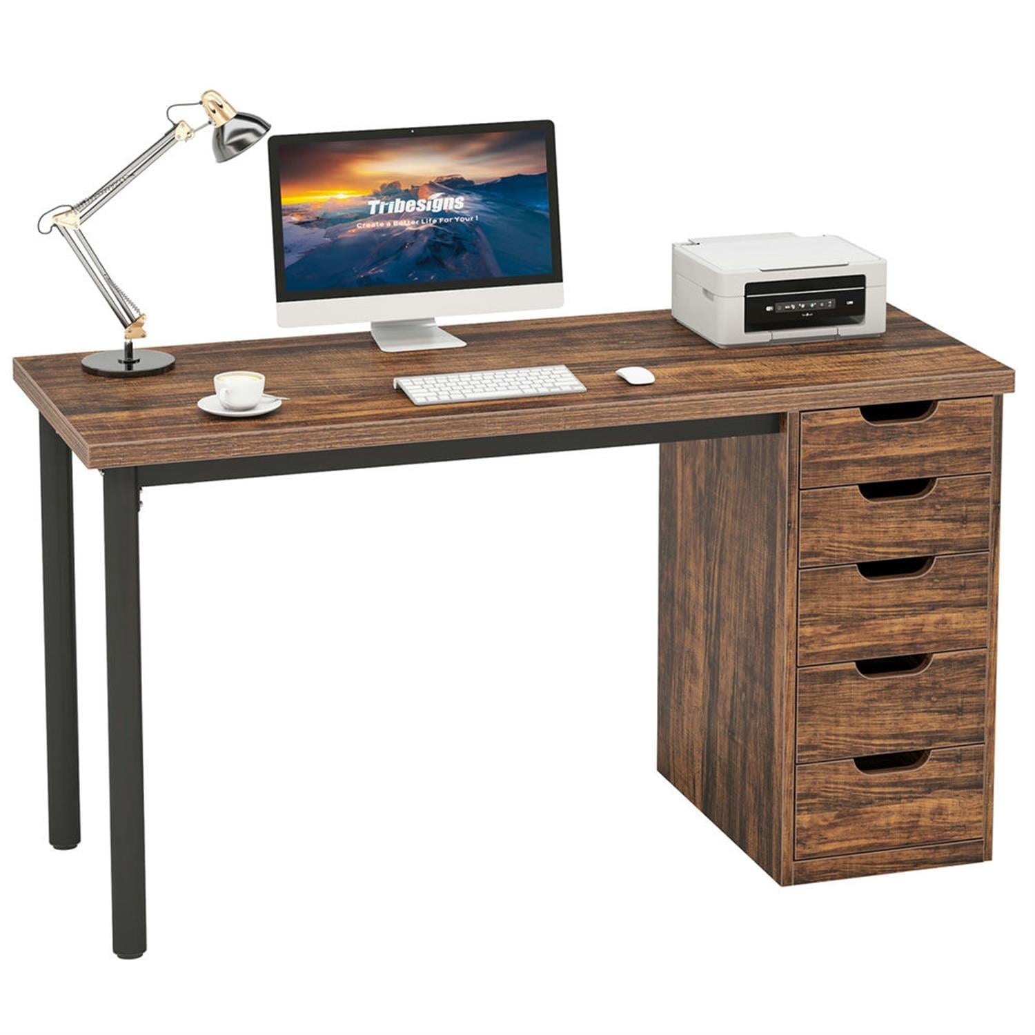 Demi Bonn 47" Computer Desk with 5 Drawer, Modern Study Writing Gaming Table for Home Office, Brown