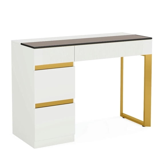 Demi Bonn 47" Computer Desk with Glass Top and 4 Drawer, Modern Study Writing Gaming Table for Home Office, White
