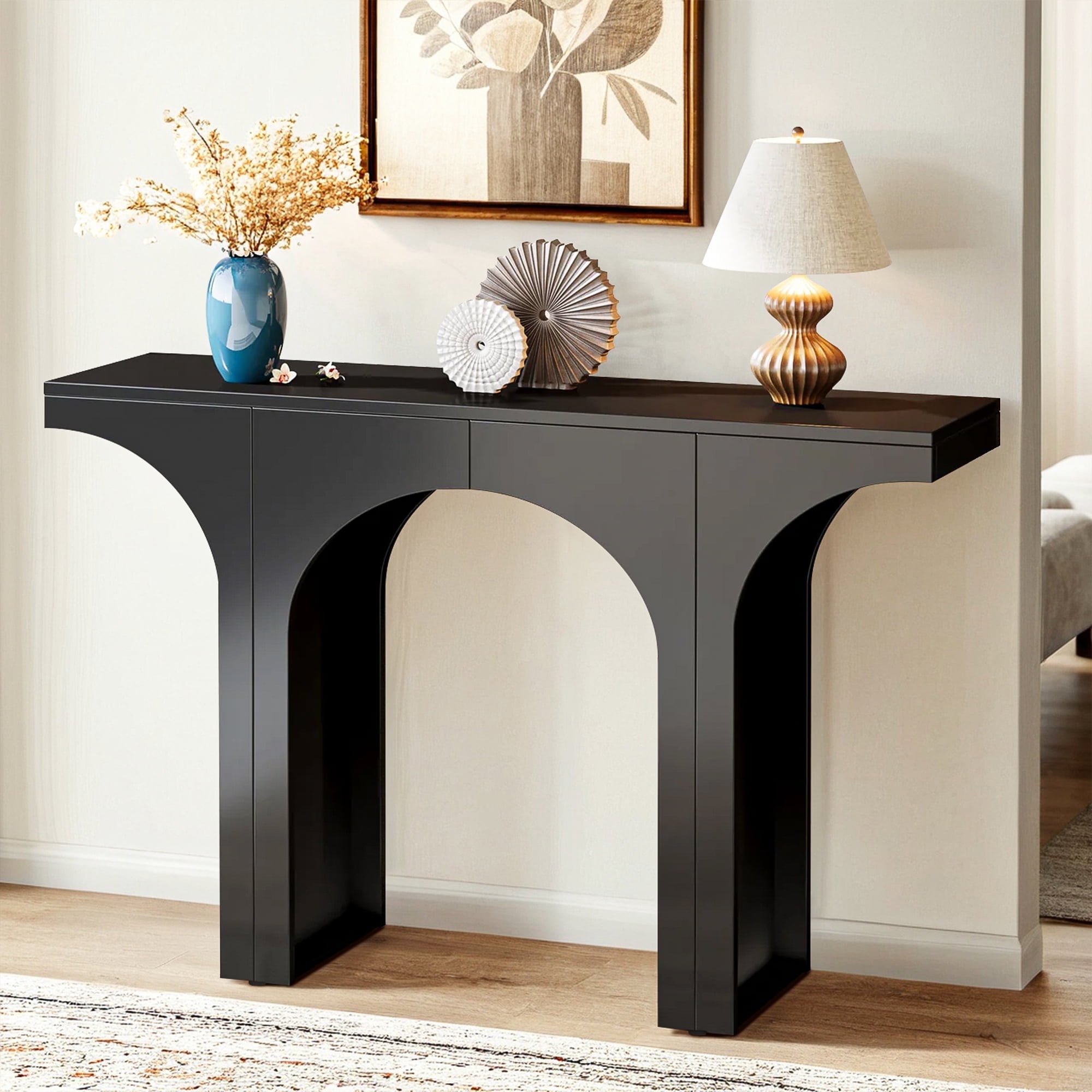 Demi Bonn 47" Console Table, Wooden Entryway Table Sofa Table with Arch Base for Hallway, Bedroom, Living Room, Black