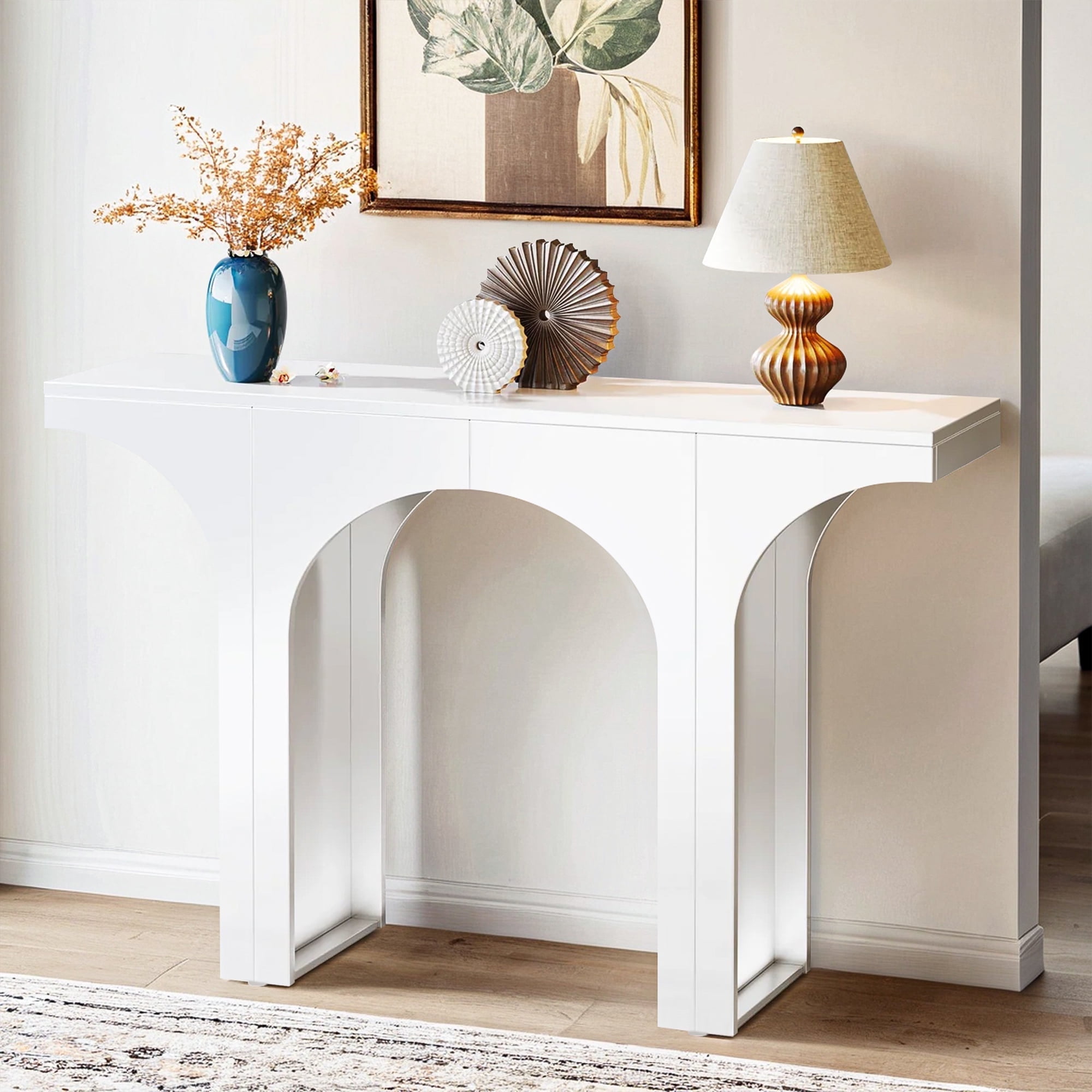 Demi Bonn 47" Console Table, Wooden Entryway Table Sofa Table with Arch Base for Hallway, Bedroom, Living Room, White