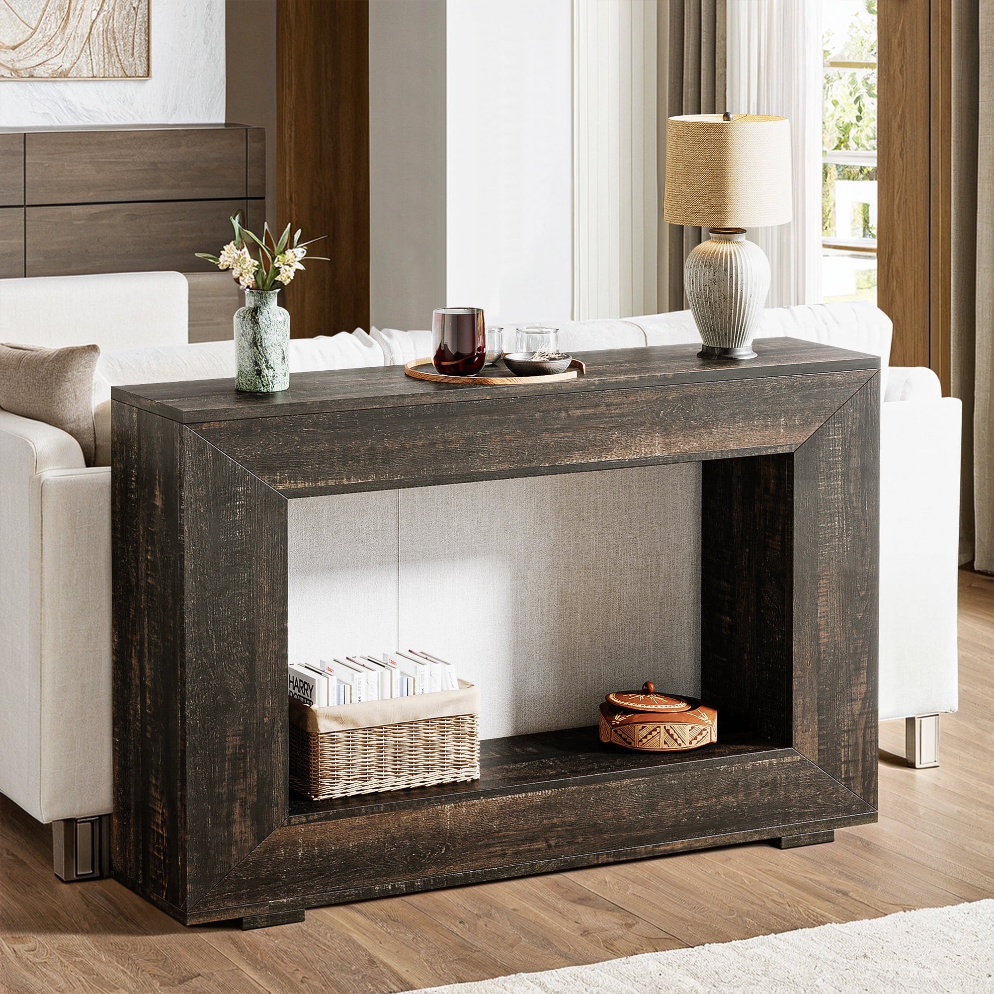 Demi Bonn 47" Farmhouse Console Table, Modern Living Room Sofa Table with Storage, Contemporary Entryway Hall Table, Foyer Display Table, Dark Gray