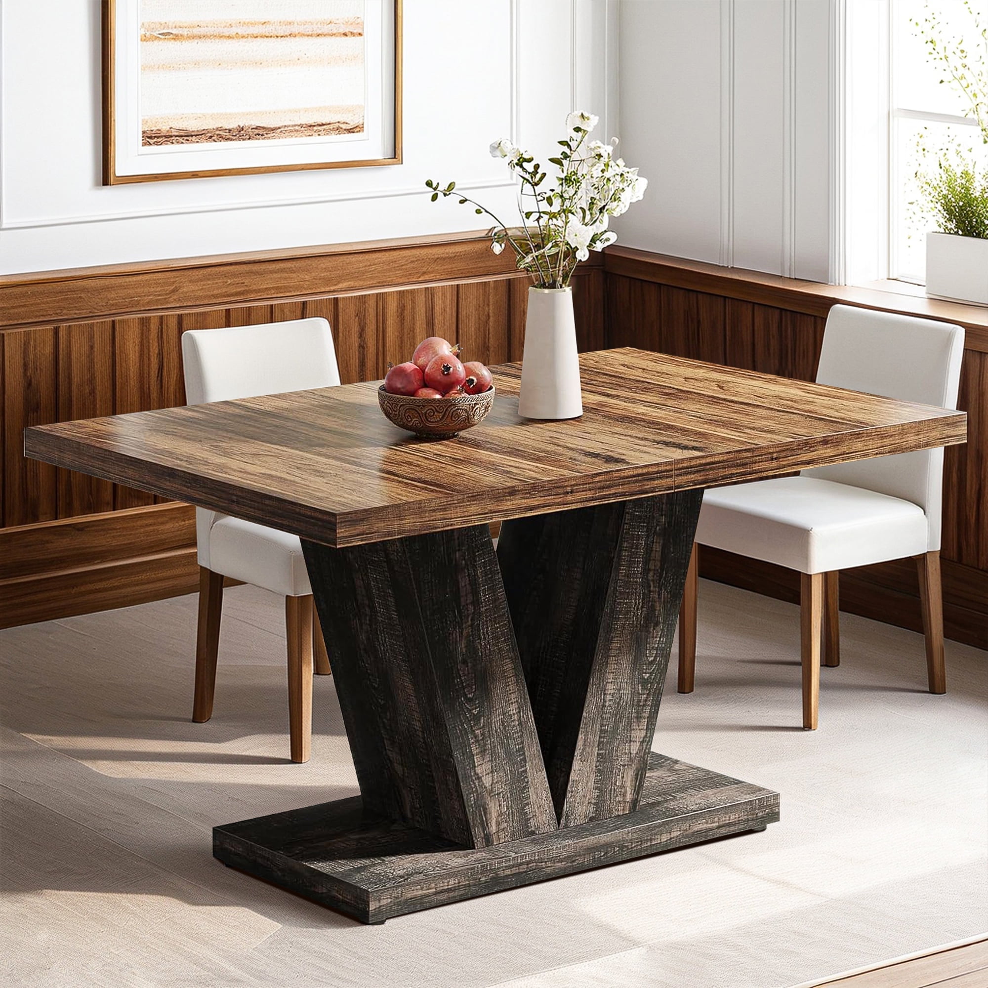 Demi Bonn 47" Farmhouse Dining Table, Wood Rectangular Kitchen Table with Duty Pedestal for Dining Room, Home Office, Living Room Furniture, Brown & Black