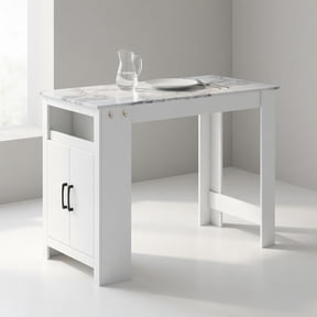 Demi Bonn 47" Faux Marble Pub Table, Modern High Top Bar Table with 7 Hanging Hooks Compartment, Perfect for Small Space, White