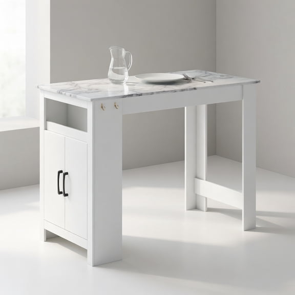 Demi Bonn 47" Faux Marble Pub Table, Modern High Top Bar Table with 7 Hanging Hooks Compartment, Perfect for Small Space, White