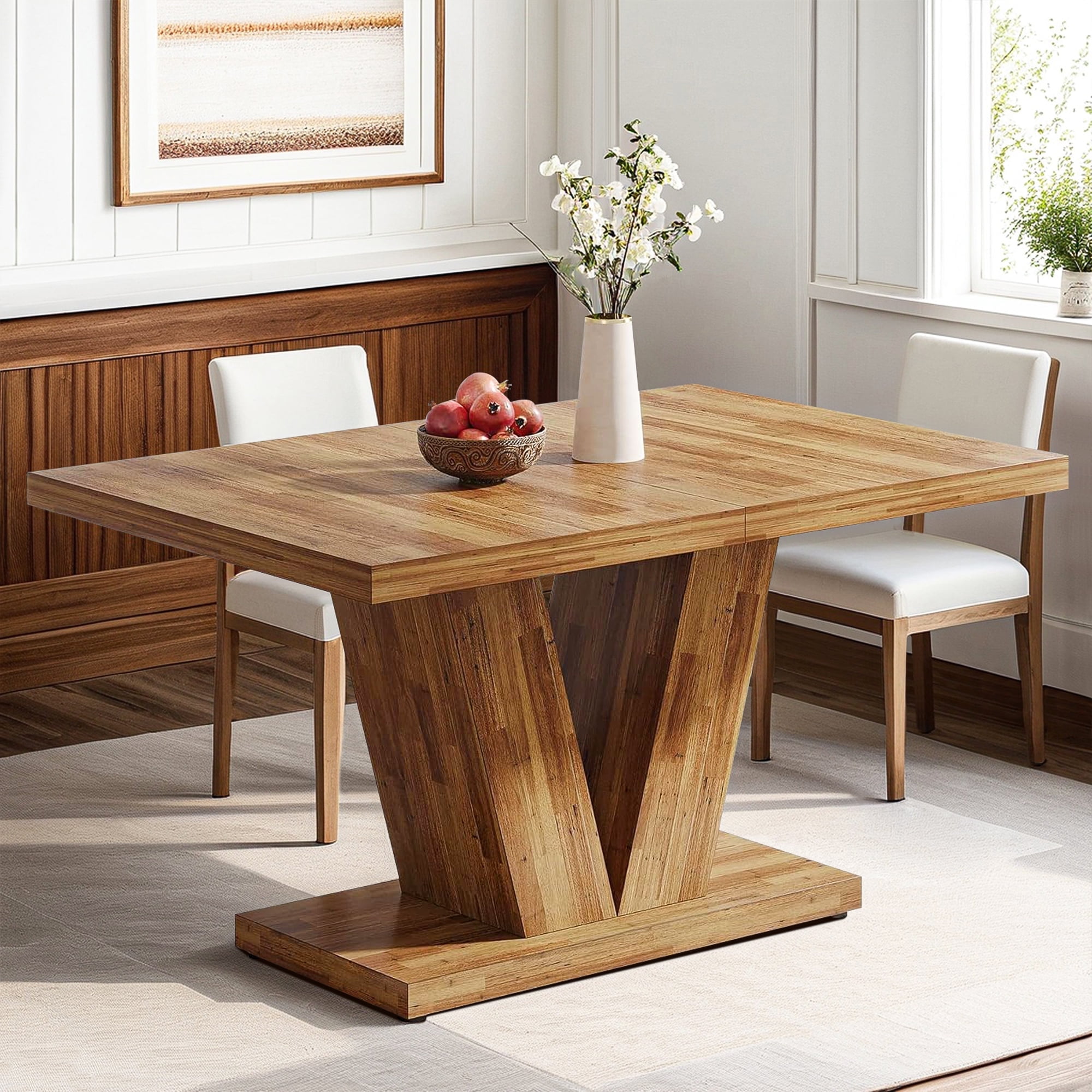 Demi Bonn 47" Modern Dining Table for 4 People, Wood Farmhouse Kitchen Table with Duty Pedestal for Dining Room, Home, Brown