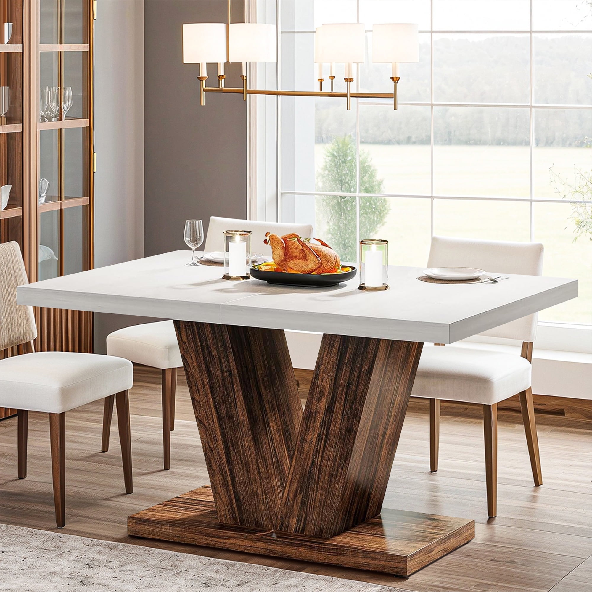 Demi Bonn 47" Modern Dining Table for 4 People, Wood Farmhouse Kitchen Table with Duty Pedestal for Dining Room, Home, White