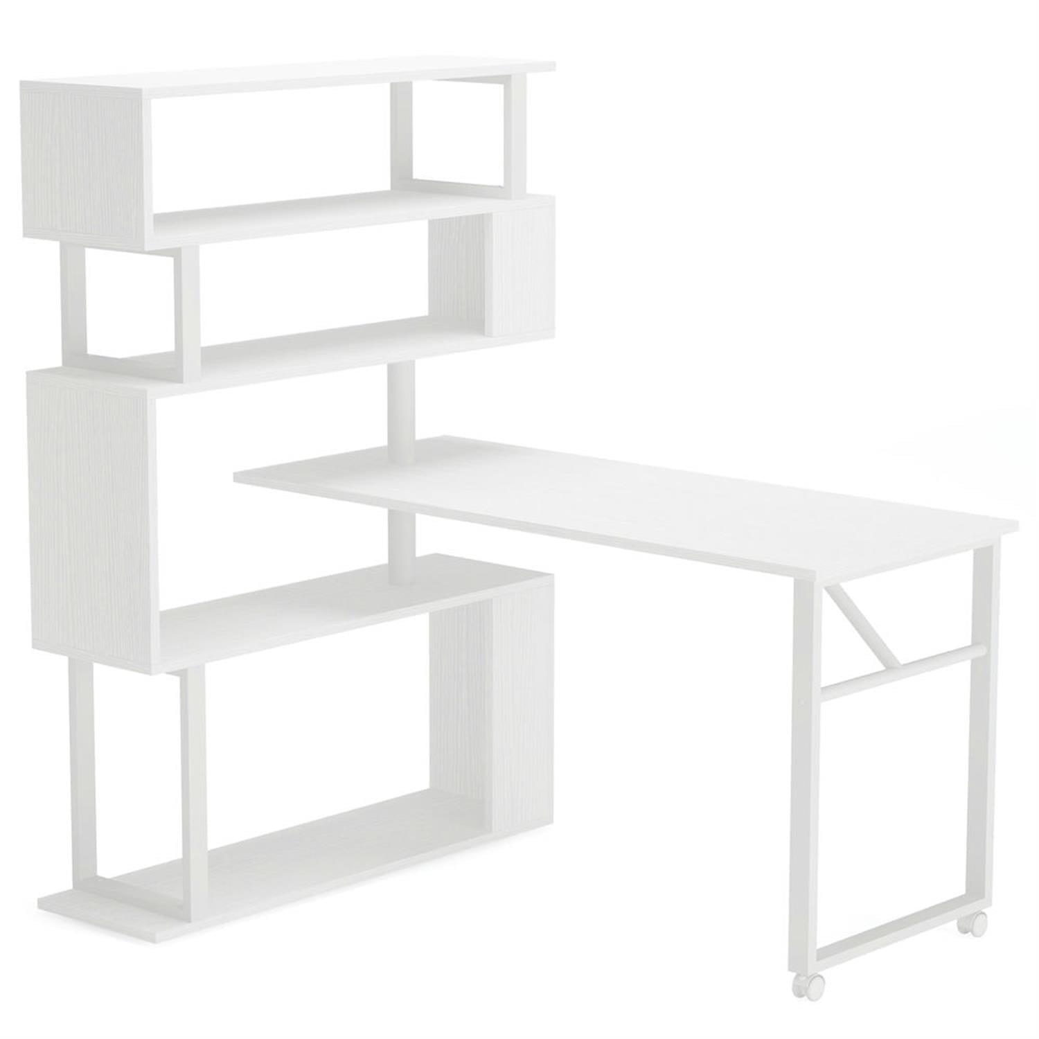 Demi Bonn 47" Rotating Computer Desk with 5-Tier Bookshelf and Wheels, Modern Reversible Study Writing Gaming Table for Home Office, White