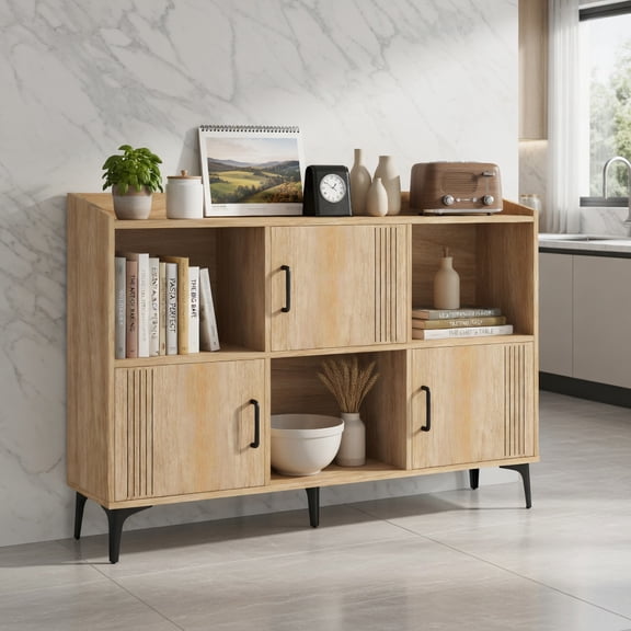 Demi Bonn 47" Sideboard Buffet Cabinet with 3 Doors and Open Compartments, Kitchen Storage Cabinet, Wood Coffee Bar Buffet Table for Dining Room, Beige