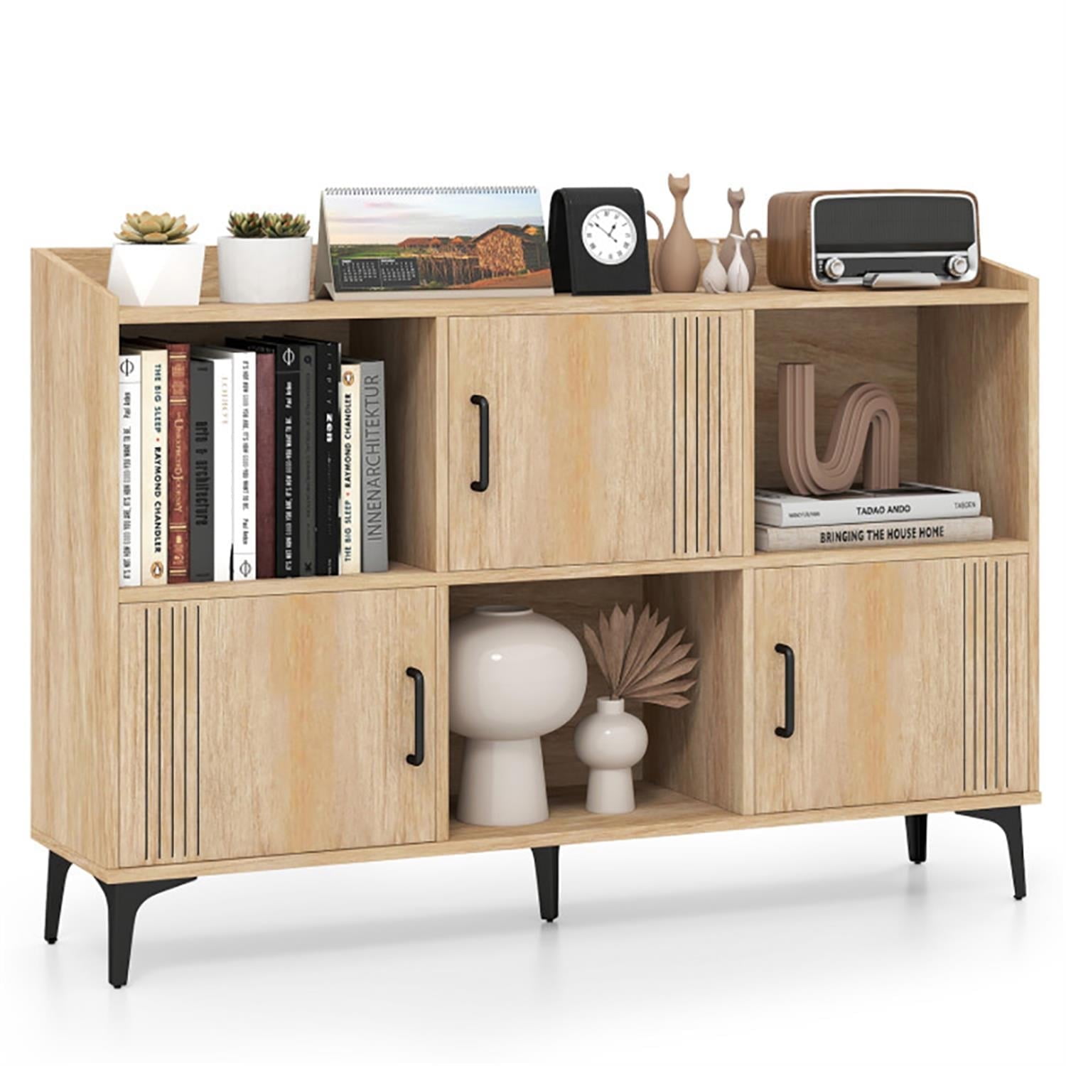 Demi Bonn 47" Sideboard Buffet Cabinet with 3 Doors and Open Compartments, Kitchen Storage Cabinet, Wood Coffee Bar Buffet Table for Dining Room, Beige
