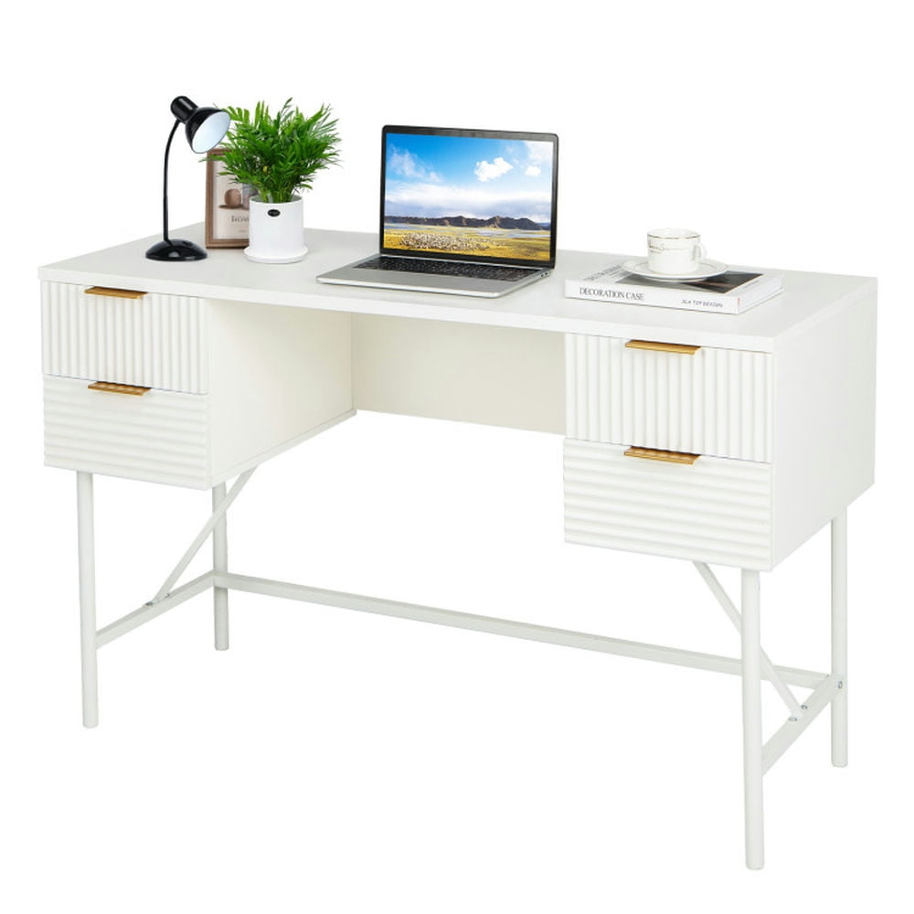 Finihen 48" Computer Desk with 4 Drawers, Small Home Office Desk Study Writing Table, White Finihen 48" Computer Desk with 4 Drawers, Small Home Office Desk Study Writing Table, White
