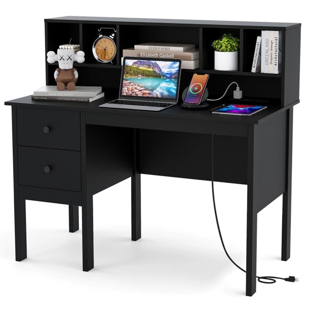 Demi Bonn 48" Computer Desk with Drawers Power Outlets, Small Home Office Desk Study Writing Table, Black