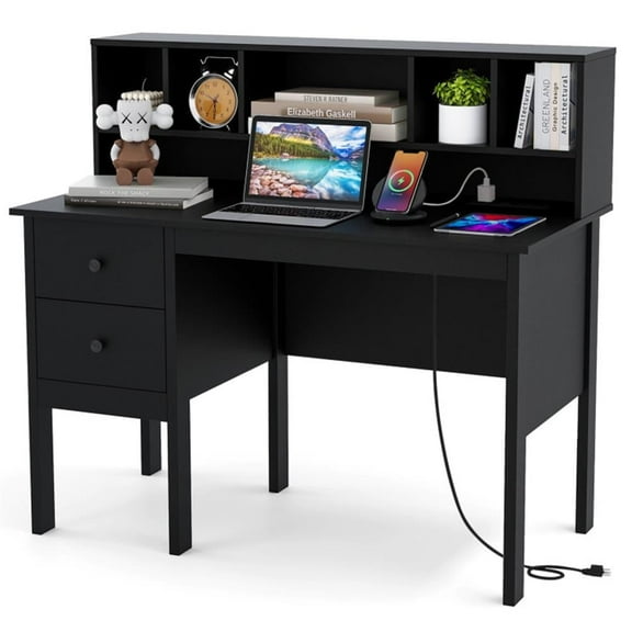 Demi Bonn 48" Computer Desk with Drawers Power Outlets, Small Home Office Desk Study Writing Table, Black