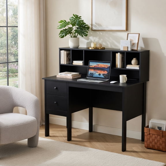 Demi Bonn 48" Computer Desk with Drawers Power Outlets, Small Home Office Desk Study Writing Table, Black