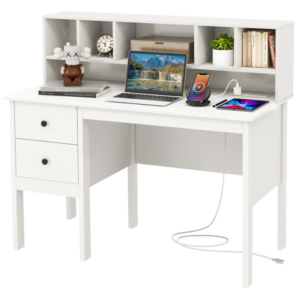 Finihen 48" Computer Desk with Drawers Power Outlets, Small Home Office Desk Study Writing Table, White Finihen 48" Computer Desk with Drawers Power Outlets, Small Home Office Desk Study Writing Table, White