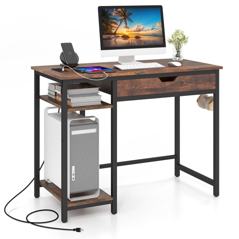 Finihen 48" Computer Desk with Hutch and PE Rattan Cabinet Shelves, Small Home Office Desk Study Writing Table, Brown Finihen 48" Computer Desk with Hutch and PE Rattan Cabinet Shelves, Small Home Office Desk Study Writing Table, Brown