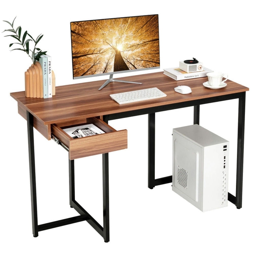 Demi Bonn 48" Computer Desk with Metal Frame and Adjustable Pads, Small Home Office Desk Study Writing Table, Walnut