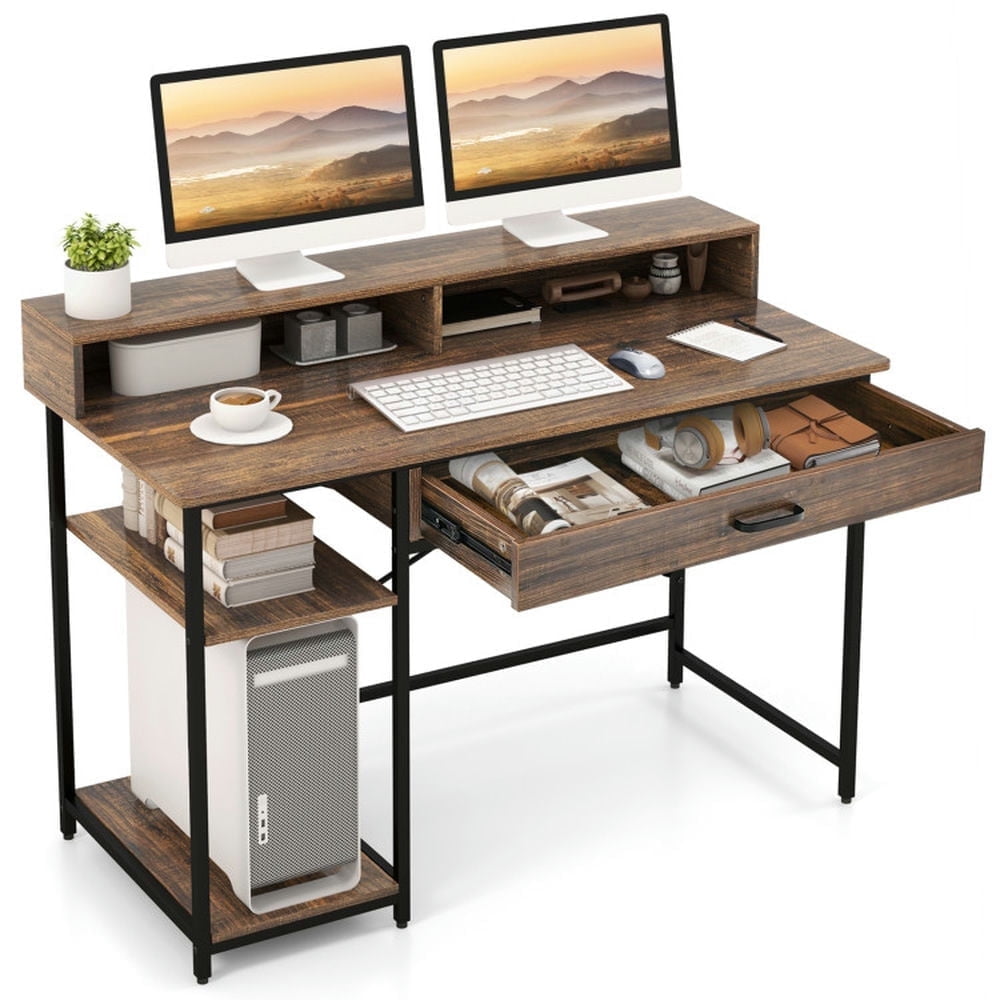Demi Bonn 48" Computer Desk with Monitor Stand Drawer and Shelves, Small Home Office Desk Study Writing Table, Brown
