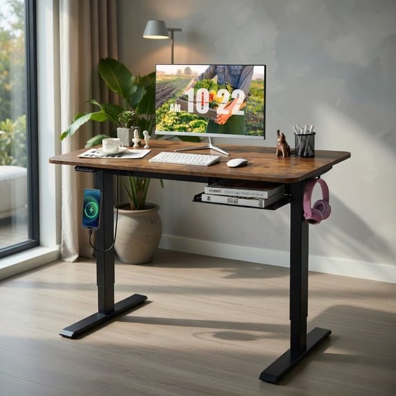Demi Bonn 48" Electric Height Adjustable Standing Desk with Control Panel, Small Home Office Desk Study Writing Table, Brown