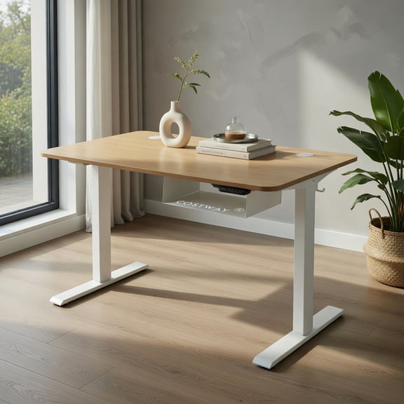 Demi Bonn 48" Electric Standing Adjustable Desk with Control Panel and USB Port, Small Home Office Desk Study Writing Table, Brown