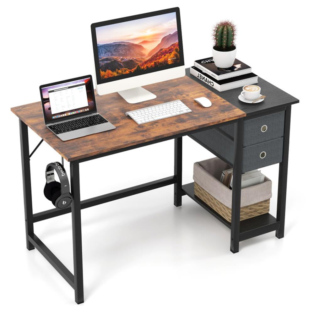 Finihen 48" Home Computer Desk with 2 Drawers Hanging Hook, Office Desk Study Writing Table, Brown