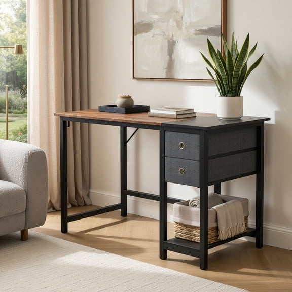 Demi Bonn 48" Home Computer Desk with 2 Drawers Hanging Hook, Office Desk Study Writing Table, Brown