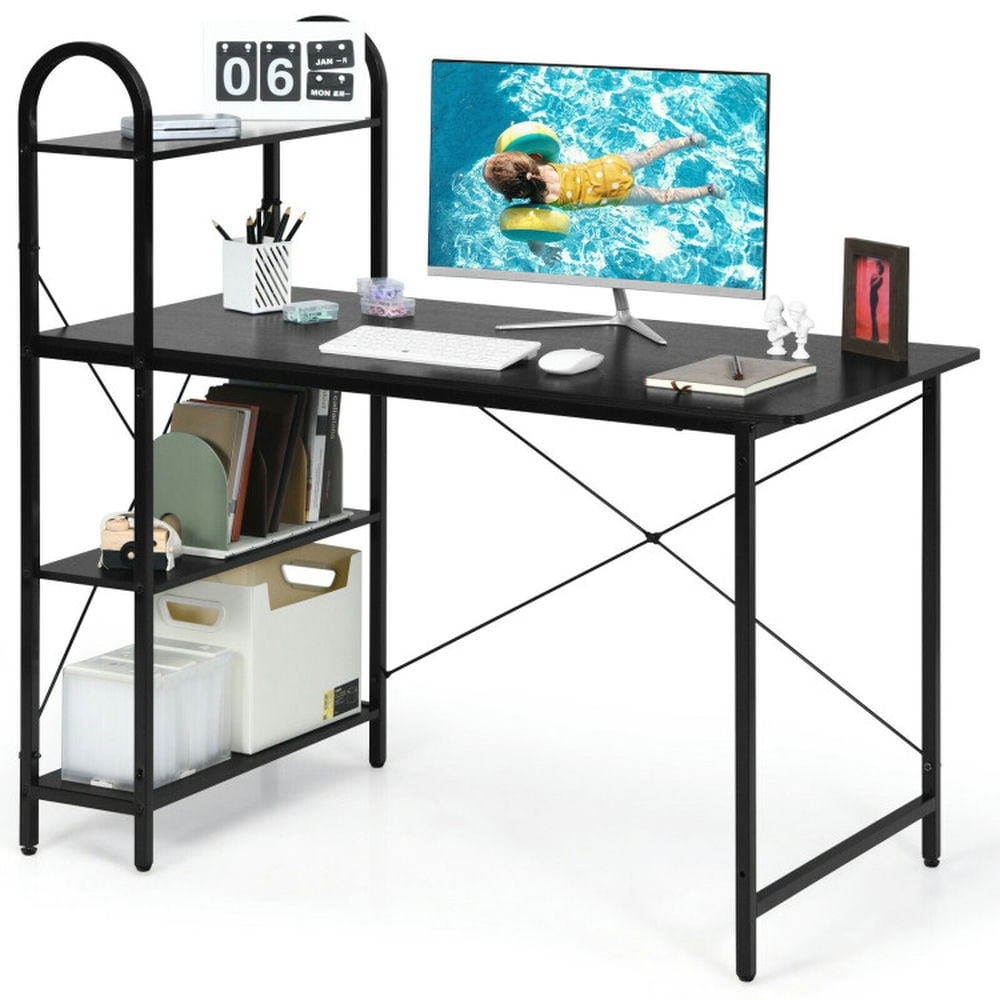 Finihen 48" Reversible Computer Desk with Storage Shelf, Small Home Office Desk Study Writing Table, Black Finihen 48" Reversible Computer Desk with Storage Shelf, Small Home Office Desk Study Writing Table, Black