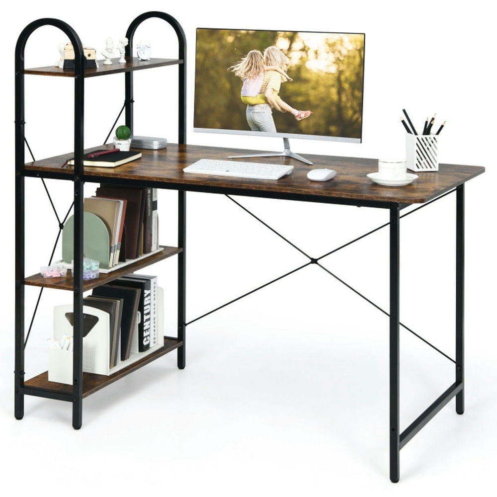 Demi Bonn 48" Reversible Computer Desk with Storage Shelf, Small Home Office Desk Study Writing Table, Rustic Brown