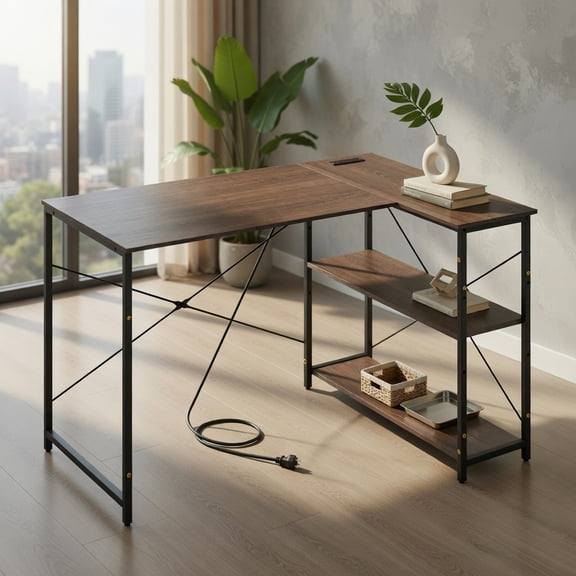 Demi Bonn 48" Reversible L Shaped Computer Desk with Adjustable Shelf, Small Home Office Desk Study Writing Table, Gray