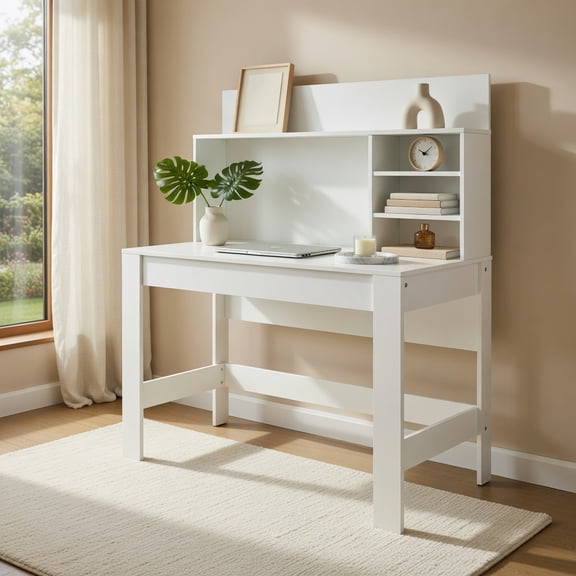 Demi Bonn 48" Writing Computer Desk with Anti-Tipping Kits and Cable Management Hole, Small Home Office Desk Study Writing Table, White