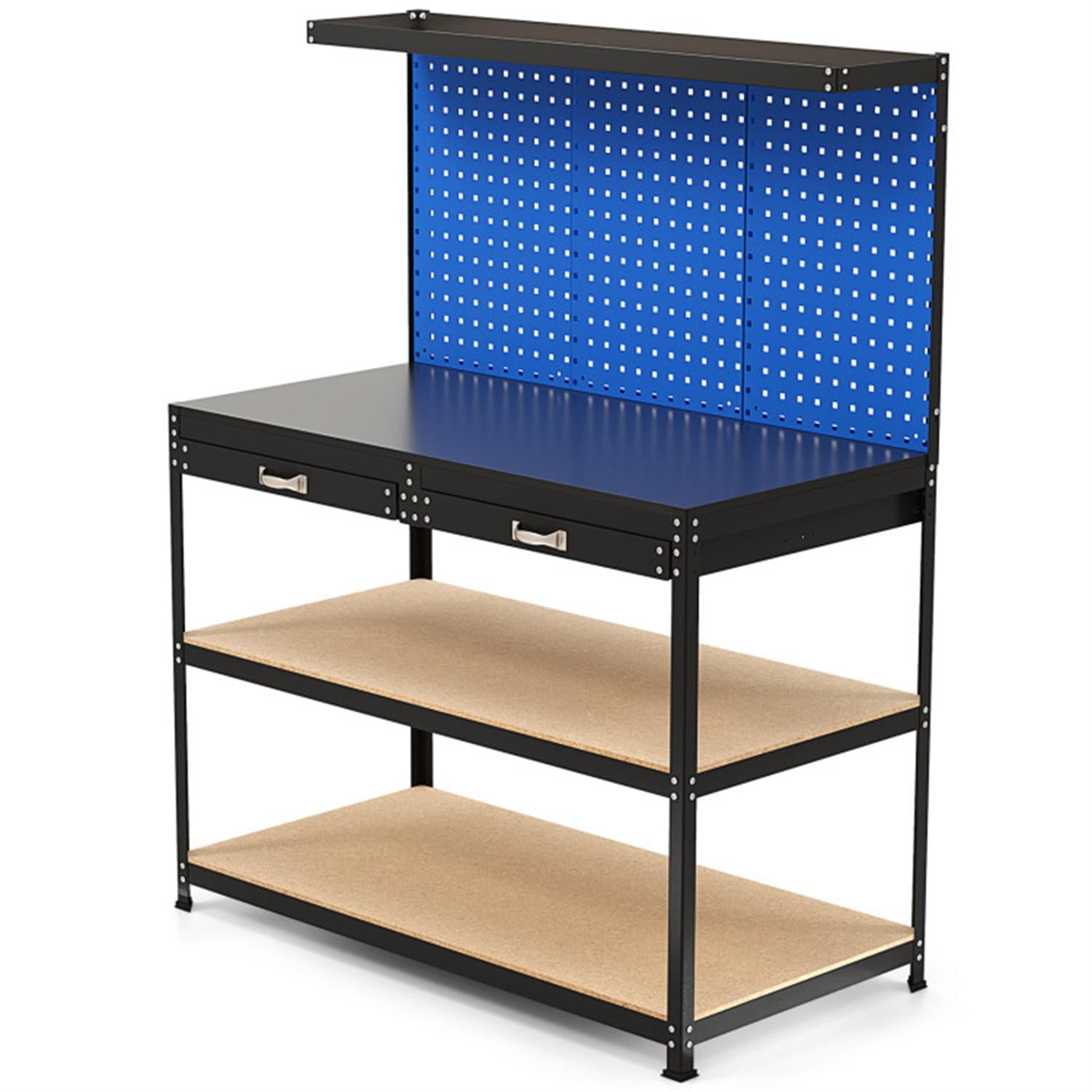 Demi Bonn 48" x 24" Workbench Work Table with 2 PCs Pegboard Drawer and Shelves, 4-Tier Heavy Duty Metal Tool Storage Bench for Garage, Workshop, Blue