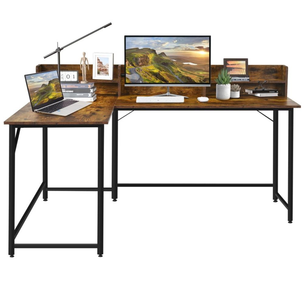 Finihen 5.5" L-shaped Computer Desk with Bookshelf, Small Home Office Desk Study Writing Table, Brown