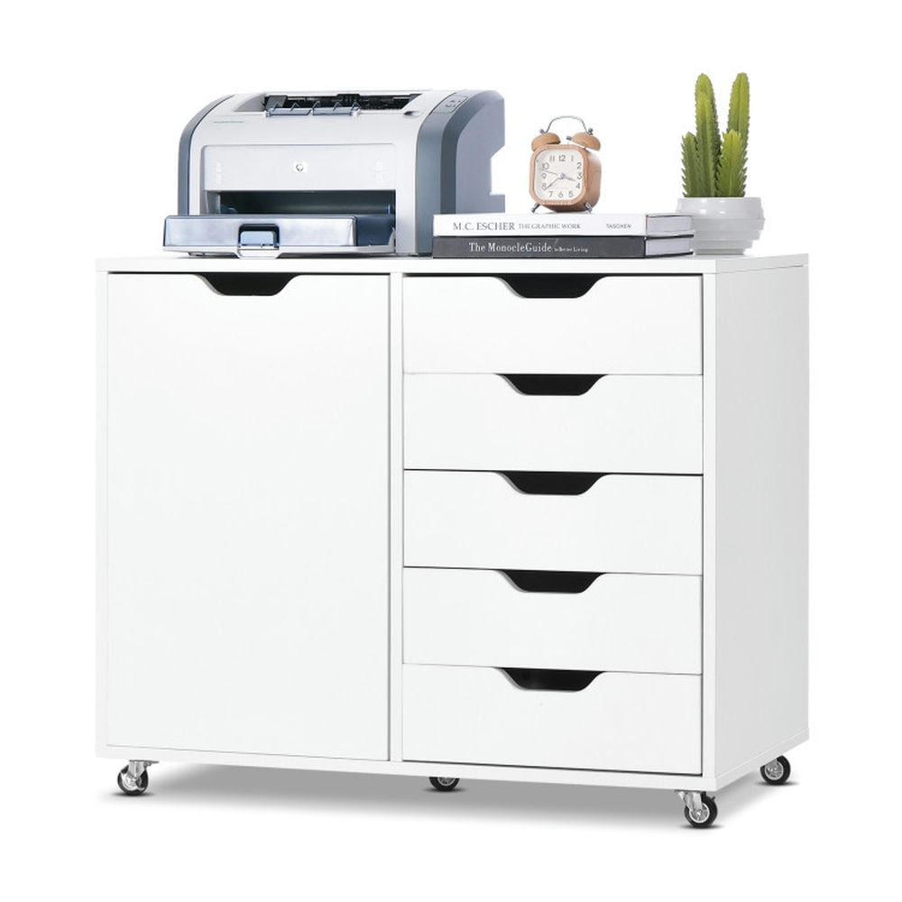 Finihen 5-Drawer Mobile File Cabinet with 4 Universal Casters, Dresser Chest Storage Cabinet with Door, White Finihen 5-Drawer Mobile File Cabinet with 4 Universal Casters, Dresser Chest Storage Cabinet with Door, White